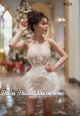 Đầm TK Trắng Cúp Ngực Ngắn Lông Vũ Đính Hoa