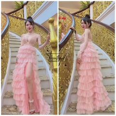 Đầm TK Dài Hai Dây Khoét Cổ V Xẻ Tà Nhún Tầng