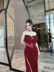 Đầm TK Dài Nhung Cứng Đính Cườm Ôm Eo Dáng Dài Xẻ Tà