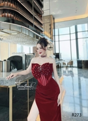 Đầm TK Dài Nhung Cứng Đính Cườm Ôm Eo Dáng Dài Xẻ Tà
