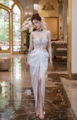 Đầm TK Dài Hai Dây Đính Kết Nhún Xẻ Tà