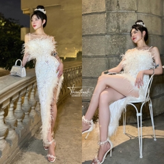 Đầm TK Dài Body Hai Dây Đính Đá Lông Vũ