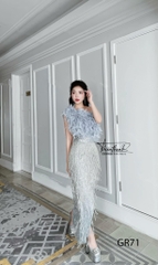Đầm TK Dài Xoè Tua Rua Lệch Vai Lông Vũ