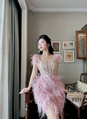 Đầm TK Ngắn Hai Dây Đính Đá Chéo Kèm Lông