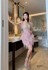 Đầm TK Ngắn Hai Dây Đính Đá Chéo Kèm Lông
