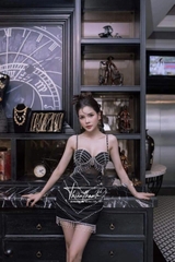 Đầm TK Hai Dây Ngắn Đính Đá Chữ V Tua Rua