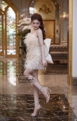 Đầm Tk Hai Dây Ngắn Lông Vũ Kèm Nơ
