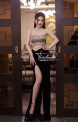 Đầm TK Dài Hai Dây Khoét Bụng Đính Đá Xe Tà