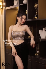 Đầm TK Dài Hai Dây Khoét Bụng Đính Đá Xe Tà