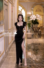 Đầm TK Dài 2 Dây Đính Lông Xẻ Tà Đính Kết