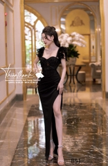 Đầm TK Dài 2 Dây Đính Lông Xẻ Tà Đính Kết