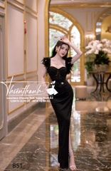 Đầm TK Dài 2 Dây Đính Lông Xẻ Tà Đính Kết