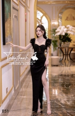 Đầm TK Dài 2 Dây Đính Lông Xẻ Tà Đính Kết