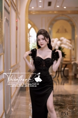 Đầm TK Dài 2 Dây Đính Lông Xẻ Tà Đính Kết