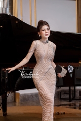 Đầm TK Dài Đính Kết Xẻ Tà Vai Rơi
