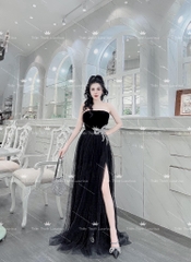 Đầm TK Dài Cúp Ngực Xẻ Tà Đính Đá Hình Nơ