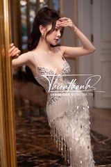 Đầm TK Dài Hai Dây Rua Tua Đính Đá Xẻ Tà