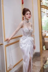 Đầm TK Dài Hai Dây Đính Kết Nhún Xẻ Tà