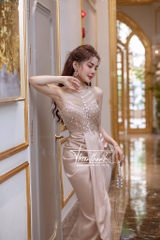Đầm TK Dài Cổ Yếm Nhún Xẻ Tà Kết Cườm