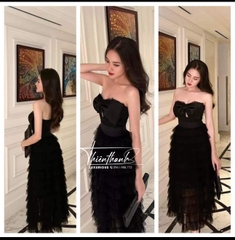 Đầm TK Đen Dài Tầng Cúp Ngực Đính Nơ