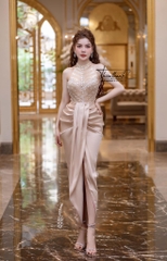 Đầm TK Dài Cổ Yếm Nhún Xẻ Tà Kết Cườm