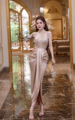 Đầm TK Dài Cổ Yếm Nhún Xẻ Tà Kết Cườm