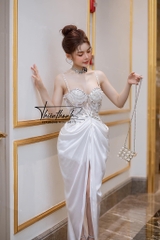 Đầm TK Dài Hai Dây Đính Kết Nhún Xẻ Tà