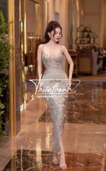 Đầm TK Dài Hai Dây Rua Tua Đính Đá Xẻ Tà