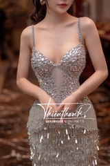 Đầm TK Dài Hai Dây Rua Tua Đính Đá Xẻ Tà
