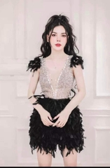 Đầm TK Ngắn Xẻ Ngực Đính Đá Kèm Lông