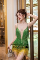 Đầm TK Ngắn Hai Dây Khoét Ngực Kết Tua Rua