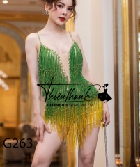 Đầm TK Ngắn Hai Dây Khoét Ngực Kết Tua Rua