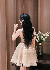 Đầm TK Ngắn Hai Dây Xoè Vàng Ánh Kim Đính Đá