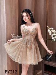Đầm TK Ngắn Hai Dây Xoè Vàng Ánh Kim Đính Đá