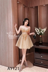 Đầm TK Ngắn Hai Dây Xoè Vàng Ánh Kim Đính Đá