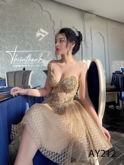 Đầm TK Ngắn Hai Dây Xoè Vàng Ánh Kim Đính Đá