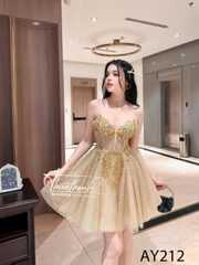 Đầm TK Ngắn Hai Dây Xoè Vàng Ánh Kim Đính Đá
