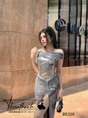 Đầm TK Dài Body Kim Sa Trễ Vai Xẻ Tà