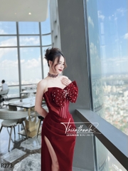 Đầm TK Dài Nhung Cứng Đính Cườm Ôm Eo Dáng Dài Xẻ Tà