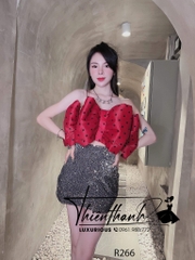 Set Ngắn Nơ Đỏ Mận Chấm Bi Phối Chân Váy Xám