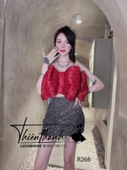 Set Ngắn Nơ Đỏ Mận Chấm Bi Phối Chân Váy Xám