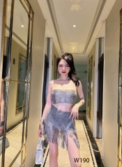 Set TK Ngắn Áo Ống Kim Sa Mix Chân Váy Kim Sa Tua Rua Dây Cột