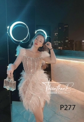 Đầm TK Ngắn Hai Dây Đính Đá Chéo Kèm Lông