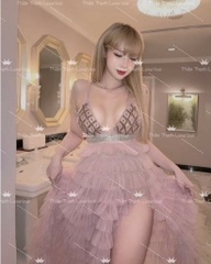 Đầm TK Hai Dây Nhún Tầng Dài Xẻ Ngực Chữ V Đính Kết