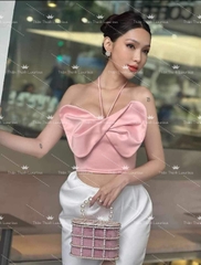 Set TK Dài Croptop Nơ Hồng Kèm Váy Dài Xẻ Tà
