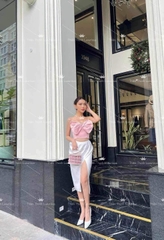 Set TK Dài Croptop Nơ Hồng Kèm Váy Dài Xẻ Tà