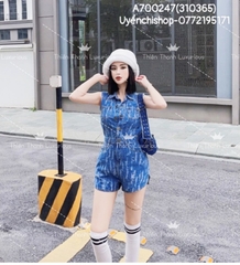 Jumpsuit Jean Sát Nách Cổ Sơ Mi