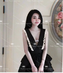 Váy TK Lụa Tafta Ngắn Đen Thiết Kế Phối Bèo