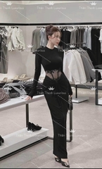 Đầm Dài TK Body Tay Dài Phối Lưới Eo Ôm Sát 3 Vòng
