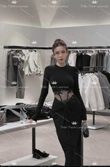 Đầm Dài TK Body Tay Dài Phối Lưới Eo Ôm Sát 3 Vòng